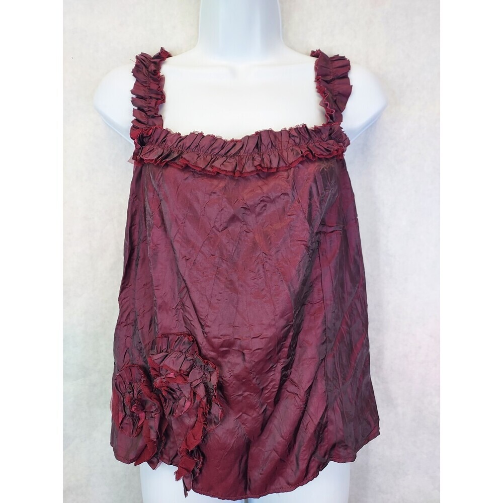 Neuva Crinkle Crepe Tank Top Womens 12 Rosette Ruffle Strap Square Neck Coquette